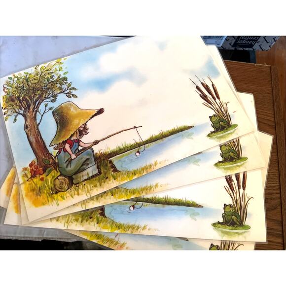 None Other - 4 Laminated 1970s Placemats Little Girl Fishing Flying Kite